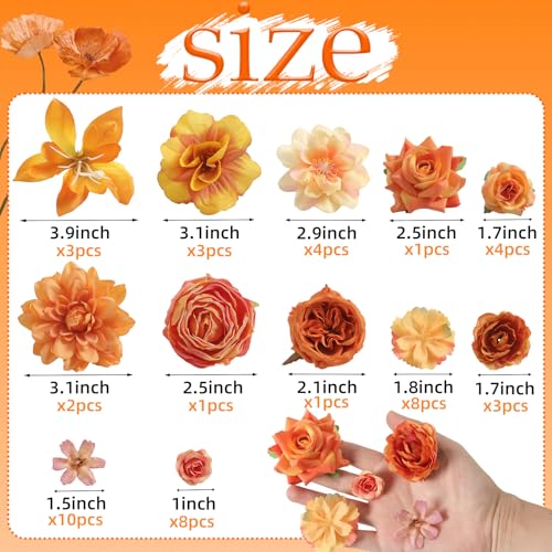 rongflower Fake Flower Heads for Crafts - Orange Silk Artificial Roses, Peonies, Daisies & Mini Floral Heads Bulk (48-Pack) for Wedding Decor, Graduation Cap, Cake Topper, Baby Shower, Home Decoration - color: Orange