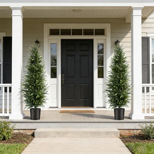 4 ft Artificial Cedar Topiary Trees Set of 2 Outdoor Faux Plants | Taller 4FT Profile, Realistic Faux Cedar, UV Resistant, Stable Weighted Base, for Porch Patio Entryway - color: Green, size: 4FT