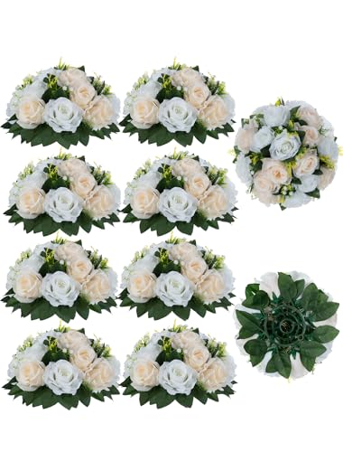 Flower Balls Wedding Rose Centerpieces: 10pcs Fake Flowers Decor for Table | Artificial Champagne White Kissing Balls Floral Arrangements - Faux Flower Bouquet with Base Home Party DIY Decorations - color: Peach Champagne & White
