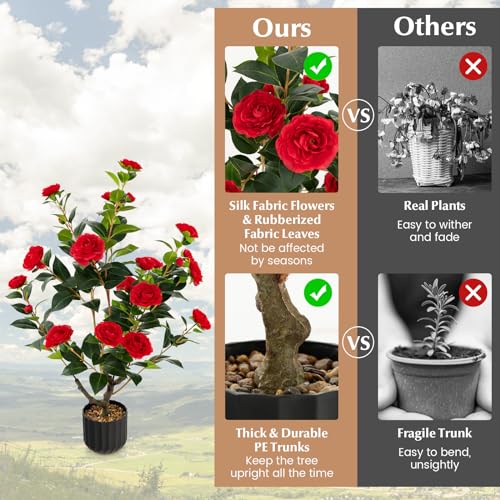 DREAMADE Artificial Camellia Tree, 38” Tall Potted Plant Artificial Decoration w/Cement Pot, 24 Flowers, Decorative Bonsai, Faux Plant Greenery for Indoor Living Room Office Dining Room Bedroom - color: Red