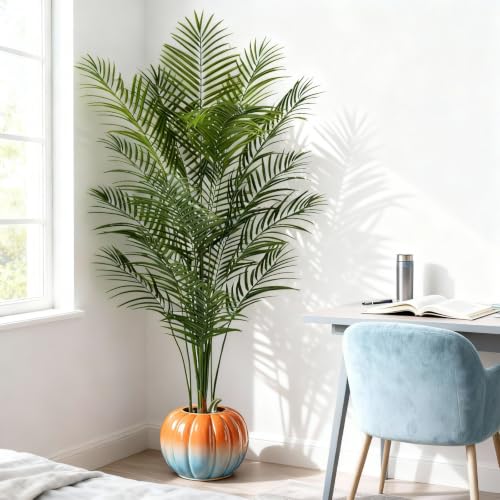 Artificial Areca Palm Plant 7Ft Fake Tropical Palm Tree Perfect Faux Dypsis Lutescens Plants in Pot for Indoor Outdoor House Home Office Garden Modern Decoration Housewarming Gift - size: 7ft