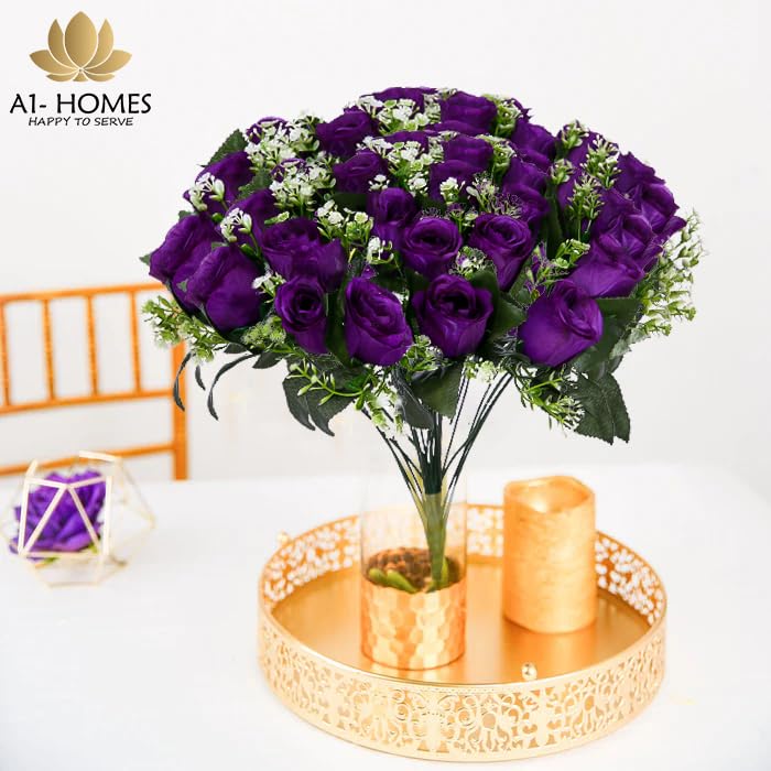 Artificial Purple Roses, 16" Bush with Gyp & Foliage 24 Flower Heads- Wedding Grave Home Decoration & Christmas - color: Purple