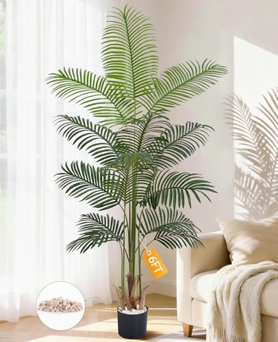 Yastouay 6 FT Artificial Plants Indoor, Tall Plant Palm Tree with Weighted Planter, Tropical Fake Tree with Realistic Leaves & Trunks for Home Office Living Room Bedroom Indoor Outdoor Decor - color: Light Green, size: 6 Ft