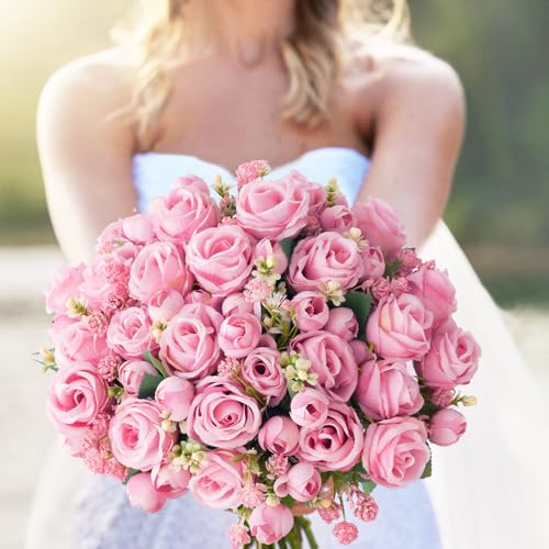 Yastouay Fake Roses Artificial Flowers, 2 Pack Rose Fake Flowers for Decoration, Real Touch Pink Roses Bouquets Silk Flowers for Vase Centerpiece Table Wedding Party Bridal DIY Decor