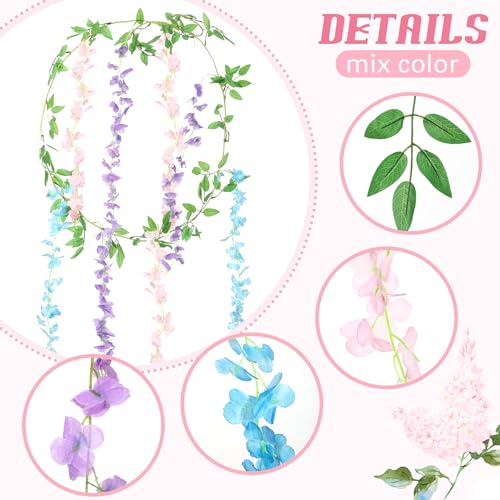 Thiccywoov 4pcs Wisteria Artificial Flowers Garland, 7.2Ft/Piece Wisteria Hanging Flowers Garland for Wedding Arch Decoration Outdoor Ceremony Home Backdrop Garden (Pink,Purple,Blue) - color: Pink, Purple, Blue