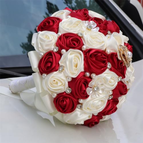 Bridal Wedding Bouquet with Rhinestone Brooch Pearl Bouquet for Bride Bridesmaid Quinceanera Rose Flower Bridal Bouquet Wedding Burgundy and Ivory 7.5in - color: Burgundy & Ivory, size: Medium (DIA. 7.5"/19cm)