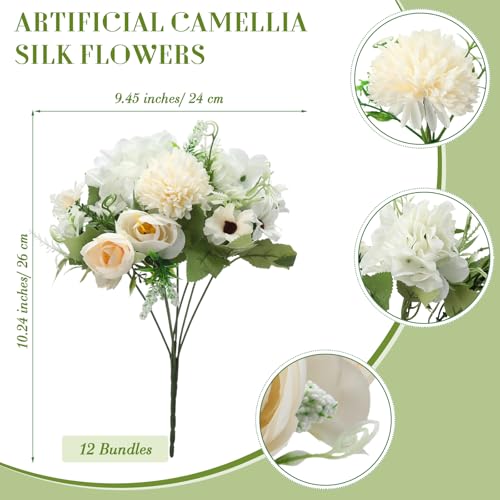 Tigeen Peonies Artificial Flowers Faux Roses Silk Flowers Hydrangea Artificial Bouquet for Wedding Table Centerpiece Floral Vase Home Office Bridal Decor(White,12 Bundles) - color: White