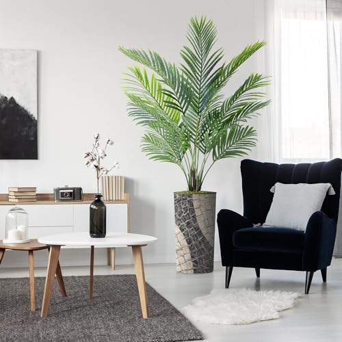 Artificial Tree in Geometric Pattern Planter, Fake Areca Tropical Palm Silk Tree for Indoor and Outdoor Home Decoration - 66" Overall Tall (Plant Pot Plus Tree) - style: Areca Palm Tree