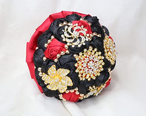 Burgundy and Black Bridal Wedding Bouquet Luxury Gold Rhinestone Brooch Bouquet for Bride Bridesmaid Quinceanera Satin Rose Artificial Flower Bouquet Wedding 7.1in - color: Burgundy & Black, size: Diameter: 7.1 inches