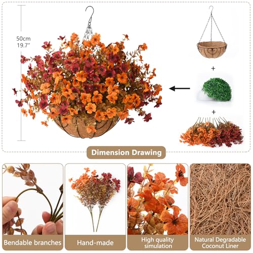 ZFProcess Artificial Fake Fall Hanging Plants Flowers Basket, Faux Silk Daisy in Planter Realistic UV Resistant for Outside Home Patio Balcony Yard Autumn Outdoor Decoration (Orange Brown) - color: Orange Brown