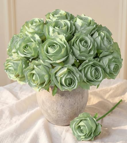 Ivydale 18pcs Green Roses Artificial Flowers, Fake Roses Silk Flowers with Stems Realistic Bouquet for Mother's Day Wedding Party Home Decoration DIY Centerpiece Floral Romantic Gifts - color: Rose-green