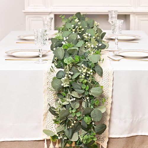 Dolicer 4 Packs 6FT Artificial Eucalyptus Garland, Faux Greenery Garland Fake Vines Hanging Silver Dollar Eucalyptus Leaves for Wedding Backdrop Arch Table Wall Party Home Decor - color: Grey Green With White Seed, size: 4 Packs