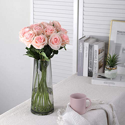 Nubry Artificial Silk Rose Flower Bouquet Lifelike Fake Rose for Wedding Home Party Decoration Event Gift 10pcs (Light Pink) - color: Light Pink