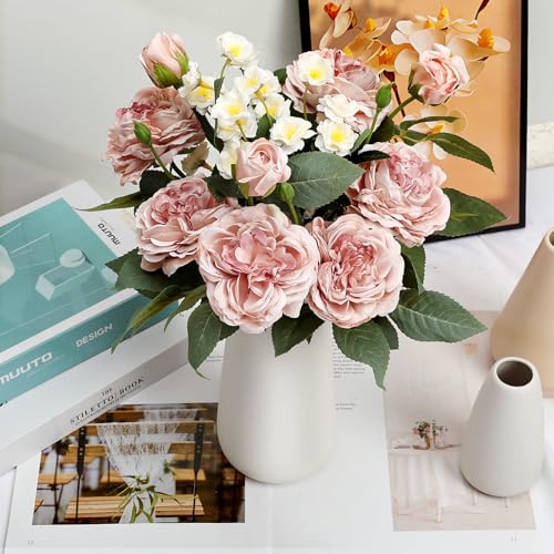 Fake Flowers in Ceramic Vase, Artificial Pink Flower Bouquet with Vase Floral Arrangements for Mantel Dining Table Coffee Table Centerpieces - Dusty Pink - color: Dusty Pink