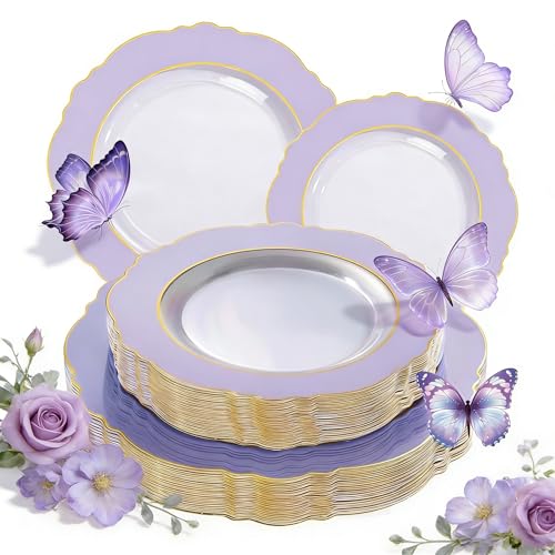 WDF 60pcs Clear Purple Plates Disposable with Gold Rim - Baroque Lavender Purple Plastic Plates for Party/Wedding/Spring/Picnic - color: Purple and Gold, size: 60PCS