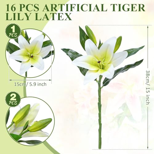 XunYee 16 Pcs Artificial Tiger Lily Flowers Lifelike Touch Lily Latex Lilies Flowers Artificial Bouquet Faux Latex with Rods for Summer Home Decoration Birthday(White and Green) - color: White and Green