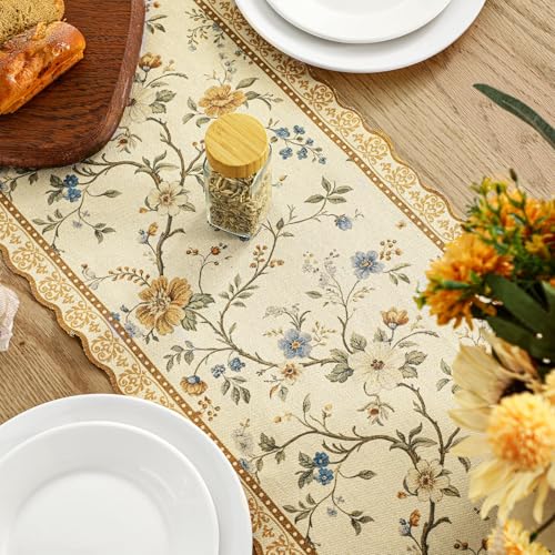 HunnmingRe Chinoiserie Table Runner Light Brown White Floral Table Runner Vintage Chinoiserie Spring Decorative Dinner Dining Decor for Home Cottage Core Party Kitchen Decorations, 12 x 71 Inch - color: Light Brown