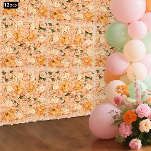 12Pcs Artificial Flower Wall Panel 3D Floral Backdrop Walls 15" X 15" Flower Wall Decor Flower Backdrop Faux Rose Panel for Party Home Background-Champagne - color: Champagne Warm Tones