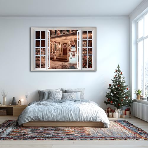 AMAZING WALL Christmas Eve House and Snowman Peel and Stick 3D Fake Window Stickers Removable and Self-Adhesive Sea Wall Decals for Bedroom/Nursery/School Decoration,32x48in/2PCS - color: Christmas Snowman, size: 32x48"/2PCS