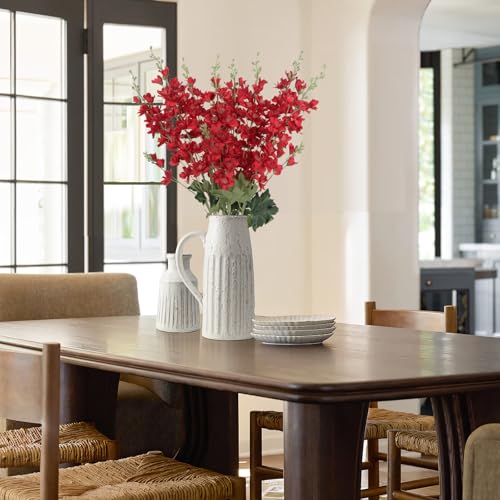 8PCS Long Stem Artificial Delphinium Flowers 33.5'' Larkspur Artificial Flower Red Silk Flowers for Tall Vase Home Wedding Table Centerpieces Decor(Red) - color: Red