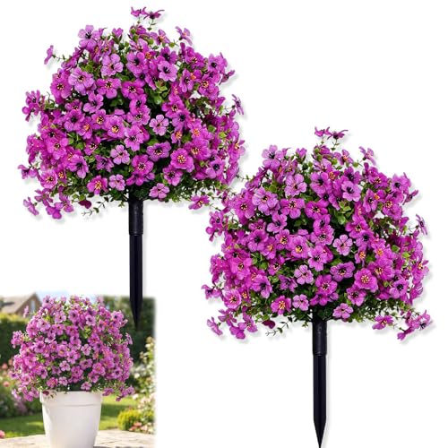 Artificial Petunias with Ground Stake - UV Resistant & Waterproof Faux Flowers for Outdoor Indoor Garden, Yard, Planter, Porch & Home Decor (2 PCS Purple) - color: 2 Pcs Purple