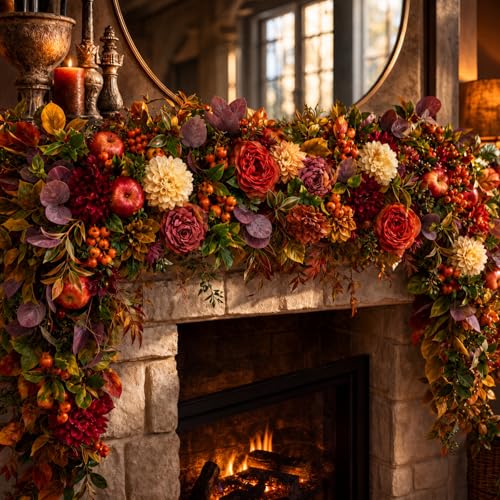 6 ft Fall Garlands for Mantle Autumn Artificial Maple Leaves Wildflowers Apple Berry Garland Fall Fake Harvest Decortable Centerpiece for Thanksgiving Fireplace Indoor Outdoor - style: Autumn
