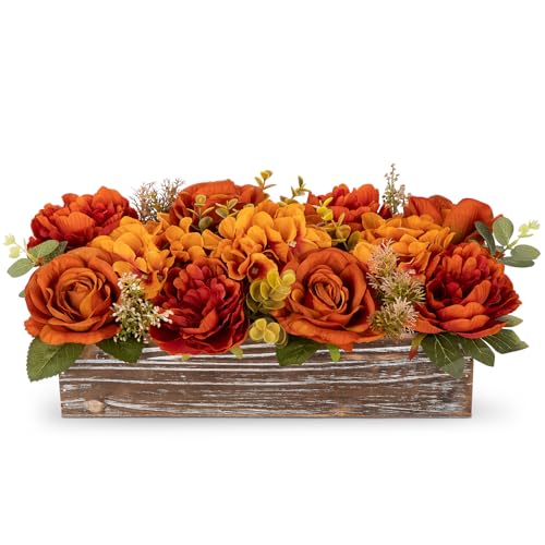 DILATATA Flower Arrangement with Wooden Vase 14" Artificial Flowers in Pot - Fake Flowers Roses Peonies Hydrangeas in Wooden Vase Potted Flower Centerpieces for Table Decor Living Room - Dried Orange - color: 14"l Dried Orange