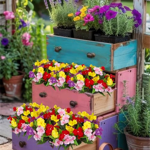CITYES 4 Pcs Artificial Flowers for Outdoors Impatiens UV Resistant Silk Flowers Hibiscus Faux Impatiens Flowers for Outdoor Planters Pot Patio Garden Hanging Basket Porch Table Indoor Decor - color: Pink, Purple, Red, Yellow