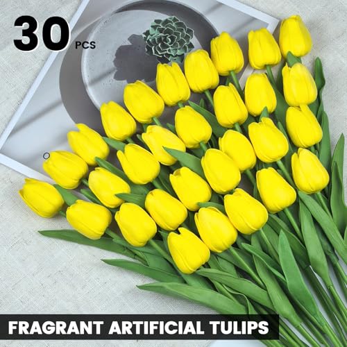 30 PCS Artificial Tulips Real Touch Tulips 13.5inch Long Stem Fake Flowers Silk Flowers for Spring Easter Mother's Day Decorations（Yellow） - color: Yellow
