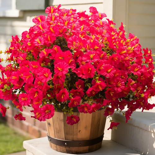 Grunyia Artificial Morning Glory Flowers with Eucalyptus - 16 Bundles UV Resistant Rose Red Faux Silk Plastic Fake Plants for Outdoor Indoor Garden Porch Front Door Home Decor - color: Rose Red