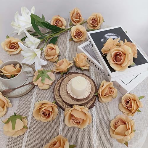 Artificial Light Coffee Satin Rose Flower Heads,42 Pcs Toffee Silk Rose Heads with Stems,3.5'' Rose Artificial Flowers Bulk,Artificial Brown Rose Flower Heads for DIY Crafts Bouquet (42, Toffee) - color: Toffee