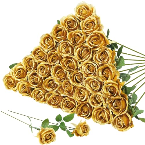 36 Pcs Gold Artificial Roses with Long Stems, Fake Silk Rose Artificial Flowers Bulk for Bridal Wedding Bouquet Centerpiece Ball Arrangement Party Decor - color: Gold