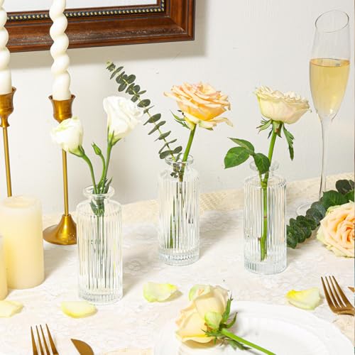 ComSaf Glass Bud Vases Set of 3, Small Flower Vases in Bulk, Mini Ribbed Vases for Centerpieces, Clear Vintage Vase for Table Decorations, Wedding, Party, Receptions, Home Decor (Different Sizes) - size: 3Pcs