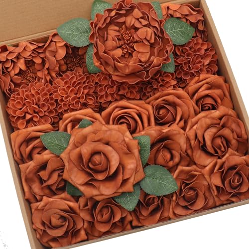 Burnt Orange Artificial Flowers Combo Mixed Flowers with Stem for DIY Wedding Bouquets Centerpieces Baby Shower Party Home Decorations - color: Classic Burnt Orange
