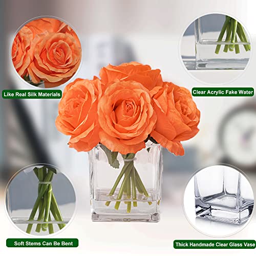 Silk Rose Artificial Flowers in Vase, Faux Floral Arrangement with Fake Water in Vase for Home Decor, Wedding Table (Orange) - color: Orange