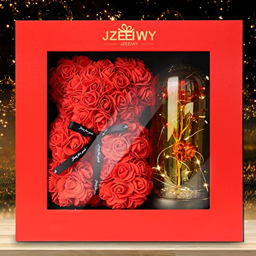 Flower Rose Bear for Mom,Perfect Birthday Romantic Gift for Wife Daughter Girlfriend Friend Her,Light up Rose in Glass Dome for Birthday Anniversary Mothers Day Valentines Day - color: Red1