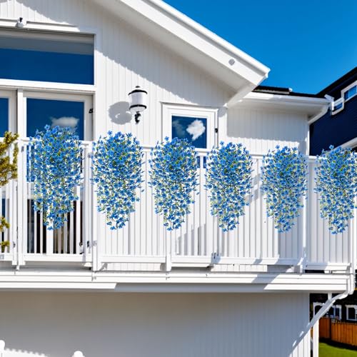 Ammyoo Artificial Hanging Flowers for Outdoors Faux Plants Spring Summer Decoration, 2 Pack Silk Colorful Daisy Realistic Fake Outdoor Flowers UV Resistant Porch Patio Window Yard Decor(Blue) - color: Blue