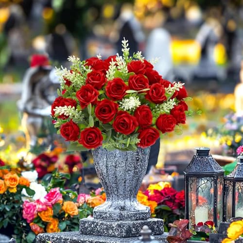 TURNMEON 40 Heads Fake Roses Artificial Flowers for Outdoors Summer Decor, 4 Bouquets UV Resistant Fake Flower Bouquet Faux Silk Roses for Wedding Birthday Party Home Indoor Cemetery Decor(Red) - color: Red
