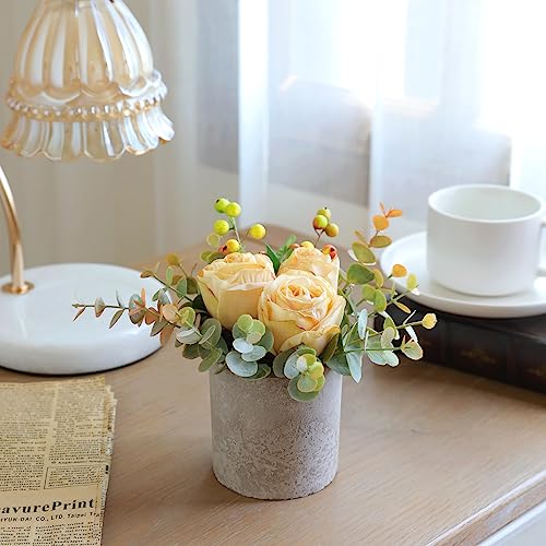 Small Artificial Burnt Yellow Rose Potted Plant, 6" Fake Silk Flowers in 3" Cylindrical Pot, Mini Faux Floral Arrangement for Desk Shelf Bathroom Decor - color: Burnt Yellow