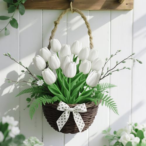 20 Pcs White Fake Tulips Artificial Flowers 13" Faux Flowers Real Touch PU Tulips Bouquet for Mother's Day Floral Arrangement Home Kitchen Table Wedding Decorations - color: White