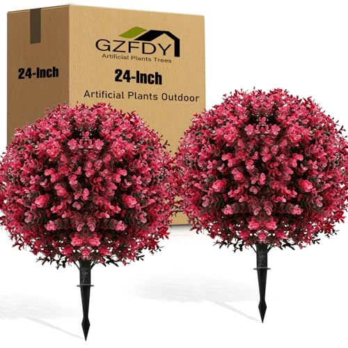 Artificial Red Eucalyptus Topiary Ball Tree (2-Pack) - 24" with Ground Spike for Faux Shrubs, Fake Evergreen Faux Plant for Indoor Outdoor Garden -UV Resistant–Fade-Proof - color: 2pcs-ground Cutting-red Eucalyptus