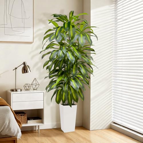 6FT Fake Tall Plant Artificial Dracaena Tree Indoor Faux Plants Indoor Luxury Fake Plants for Living Room Decor Artificial Tree Floor Plant White Planter - color: White, size: 6ft