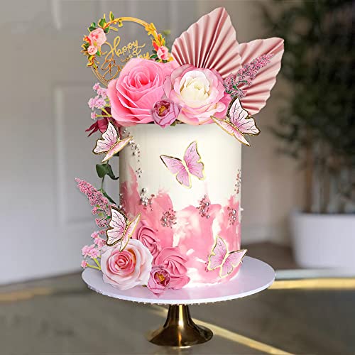 17 PCS Flower Cake Toppers Boho Cake Toppers Butterfly Cake Decorations with Light Artificial Roses Eucalyptus for Wedding Birthday Supplies (Light Pink) - style: Light Pink