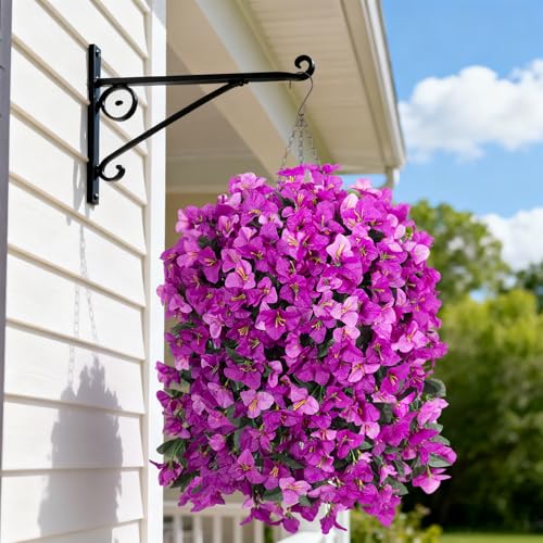 Artificial Fake Hanging Flowers with Basket for Outdoors Decoration, 3PCS Faux Flowers for Outdoor Planters UV Resistant No Fade Silk Bougainvillea for Home Porch Patio Garden Balcony Yard Decor - color: Double Lotus With Basket