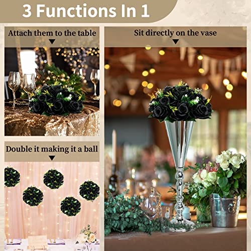 NUPTIO Black Artificial Roses Flowers: Fake Flower Bouquet Halloween Decorations - 15 Heads Artificial Rose Centerpieces with Base for Gothic Wedding Party Table Decor 2 Pcs - color: Black, size: 2 Pcs