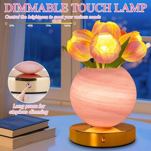 Tulip Table Lamp, Rechargeable Cordless Touch Dimming Artificial Tulip Flower Desk Lamp, LED Flower Bedside Night Light Romantic Gifts for Girl Women Mom (Pink Tulip) - color: Pink Tulip