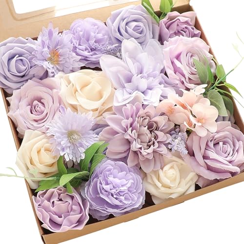 Floroom Lavender Violet Lilac Artificial Flowers Fake Roses Peonies Dahlias Greenery Combo Box Set for DIY Purple Wedding Bouquets Bridal Shower Centerpieces Floral Arrangements Party Table Decoration - color: Soft Lavender Lilac