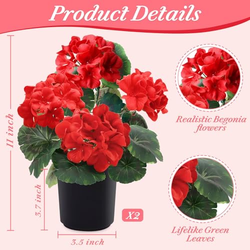 TURNMEON 2 Pack Artificial Geraniums Fake Flowers for Outdoors Summer Decoration, Silk Geraniums Red Flowers UV Resistant Faux Flower Potted Plants for Gardens Farmhouse Indoor Home Table Decor (Red) - color: Red