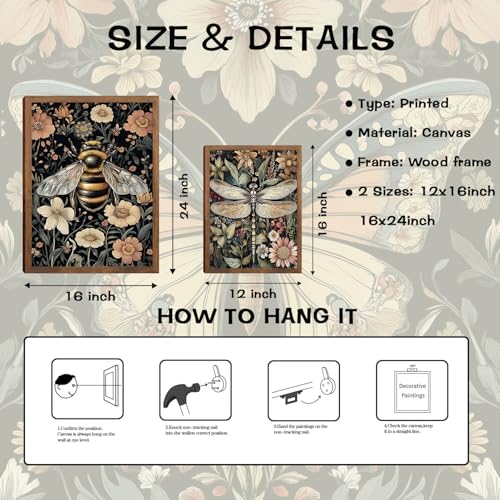 Retro Insect Wall Art Set of 3, Butterfly Bee Dragonfly Gothic Botanical Prints, Rustic Nature Animal Canvas Wall Decor for Living Room Bedroom Office Farmhouse Home Decor 24x16In Wood Framed - color: Colorful insects, size: 24L" x 16W"