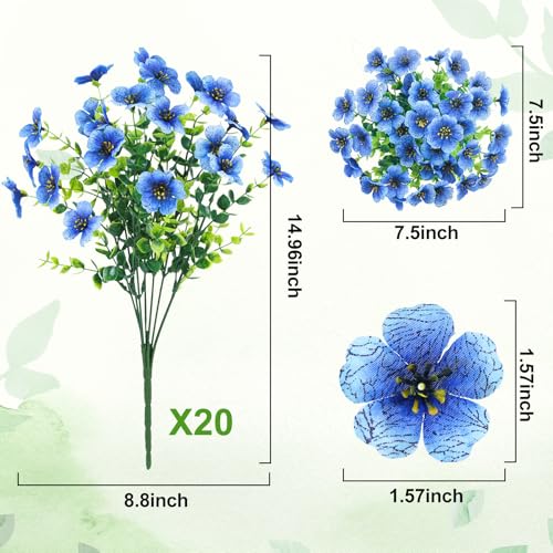 20 Bundles Artificial Flowers for Outdoors Decoration Fake Silk Flowers UV Resistant Faux Plants Artificial Daisy Eucalyptus for Spring Summer Garden Yard Porch Window Home Decor, Blue - color: Blue